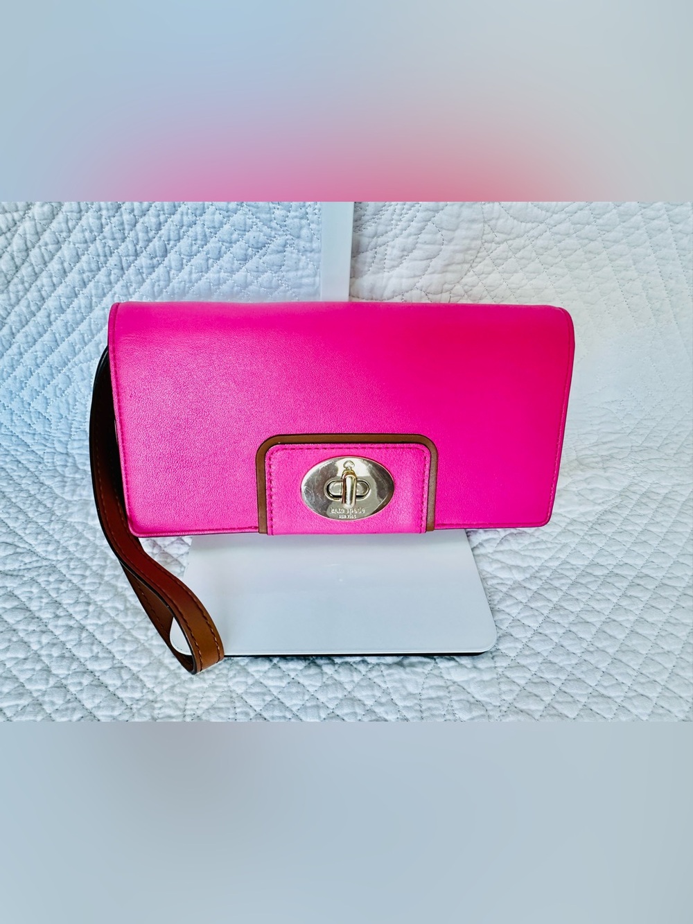 kate spade Hot Pink Leather Wristlet with Brown Trim and Gold Hardware